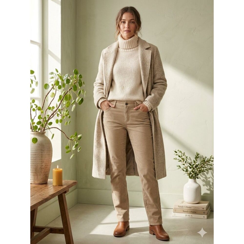 Eddie Bauer Corduroy Pants Womens 14 Tan Boyfriend Slim Straight Stretch